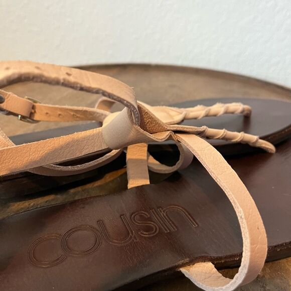 Cousin Tan Veg Tan Leather Jinjer Twist-Strap Thong Sandals Women's Size 38 US 8 - Picture 7 of 7